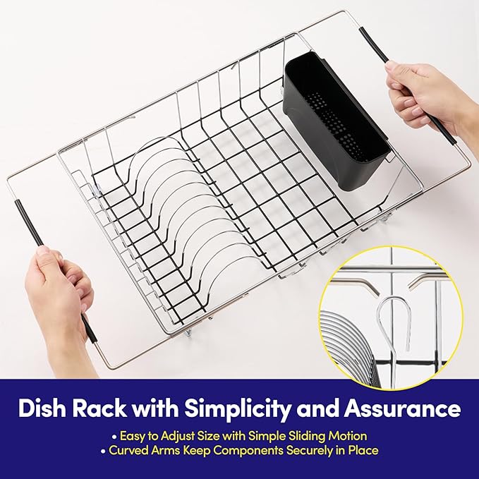 Dish Drying Rack Over The Sink Expandable to 24.5" Dish Drainer — Space-Saving Rectangular Kitchen Extending Drying Station with Utensil Holder, Fits Most Sinks for Easy Dish Organization, Black - Image 5