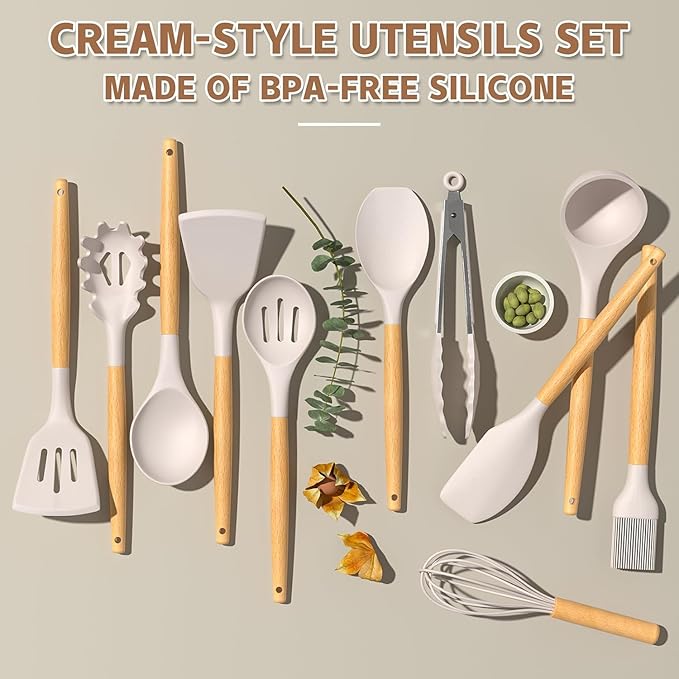 Umite Chef Kitchen Cooking Utensils Set, 33 pcs Non-Stick Silicone Cooking Kitchen Utensils Spatula Set with Holder, Wooden Handle Silicone Kitchen Gadgets Utensil Set (Khaki) - Image 4