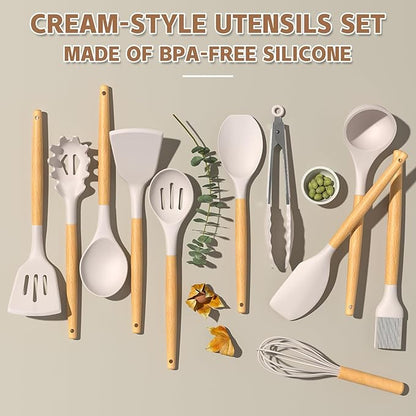 Umite Chef Kitchen Cooking Utensils Set, 33 pcs Non-Stick Silicone Cooking Kitchen Utensils Spatula Set with Holder, Wooden Handle Silicone Kitchen Gadgets Utensil Set (Khaki) - Image 4
