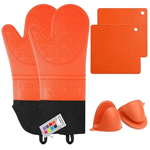 Silicone Oven Mitts and Pot Holders Set, MTZRFLL Extra Long Heat Resistant Oven Gloves with Hot Pads and Mini Oven Mittens for Grilling, Kitchen Cooking Baking, Soft Quilted Lining, Pack of 6 (Orange) by MTZRFLL