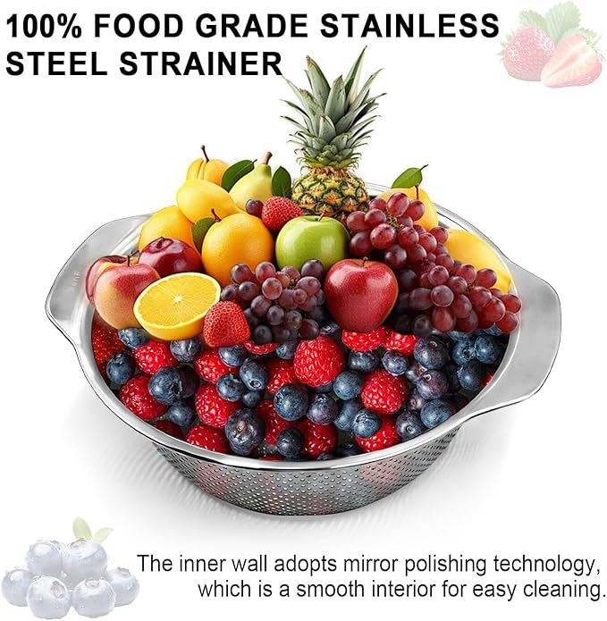Colander for Kitchen, 1.5 QT 18/8 Stainless Steel Colander, Stainless Steel Strainer with Mixing Bowl, Rice Strainer with Handle for Washing Vegetables, Fruit, Rice, and Pasta (2 PC)
