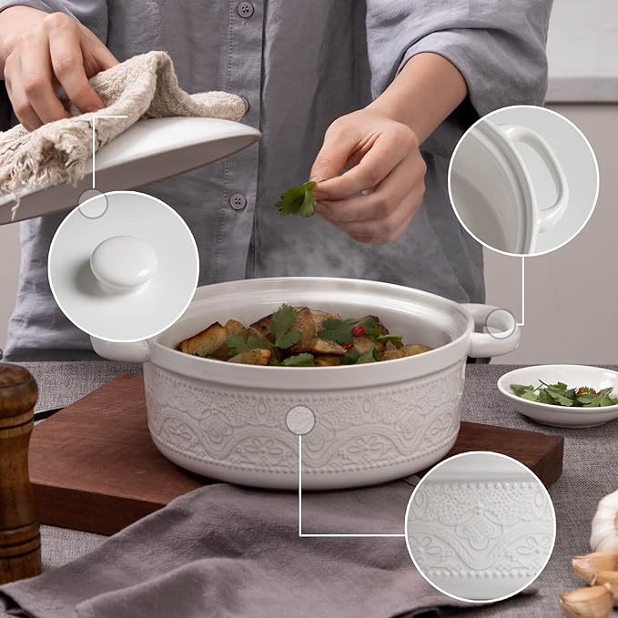 FUN ELEMENTS Casserole Dish, 2 Quart Lace Emboss Dish with Lid, Oven to Table Ceramic Round Serving Handles for Dinner and Party, Thanksgiving Christmas Gifts(Bright White) - Image 3