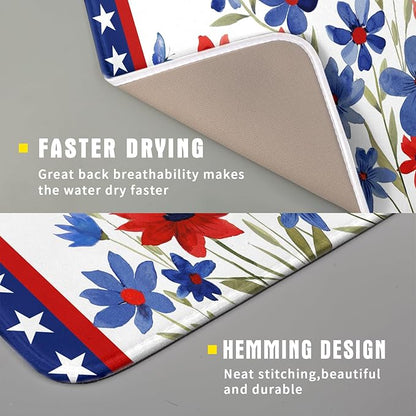 Giwawa 4th of July Flower Dish Drying Mat 16"x18" Independence Day Stars Dish Drainer Mats Watercolor Patriotic Floral Microfiber Dish Drying Rack Pad for Kitchen Countertop Decor