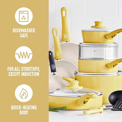 GreenLife 16 Piece Nonstick Cookware Set, Soft Grip Non-Toxic PFAS-Free Ceramic Pots & Pans, Dishwasher & Oven Safe, Frying, Sauce, Saute, Utensils, Glass Lids, Stay-Cool Handles, Wobble Free, Yellow - Image 5