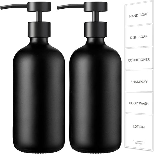 GMISUN Black Soap Dispenser, 2 Pack Matte Black Hand Soap Dispensers for Bathroom, 17 Fl Oz Glass Dish Soap Dispenser for Kitchen with Stainless Steel Pump, Modern Liquid Soap Bottle Set by GMISUN