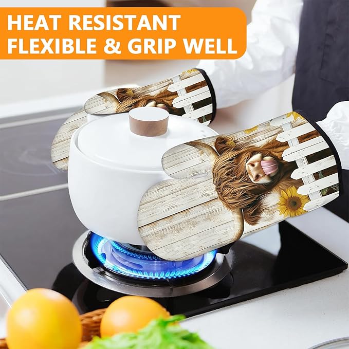 Sunflower Highland Cow Oven Mitts and Pot Holders Sets 4Pcs,Extra Long Oven Gloves Potholder for Kitchen Cooking Baking BBQ 100% Cotton Heat Resistant - Image 6