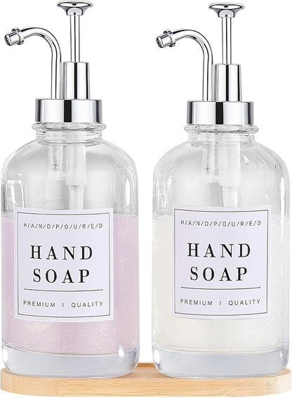 Glass Soap Dispenser with Pump,Tray,Funnel, Countertop Soap and Lotion Dispenser Set of 2 with 60 Stickers, Dish and Hand Soap Dispenser Bottle for Kitchen,Bathroom,Shower, 500ml/16.9oz