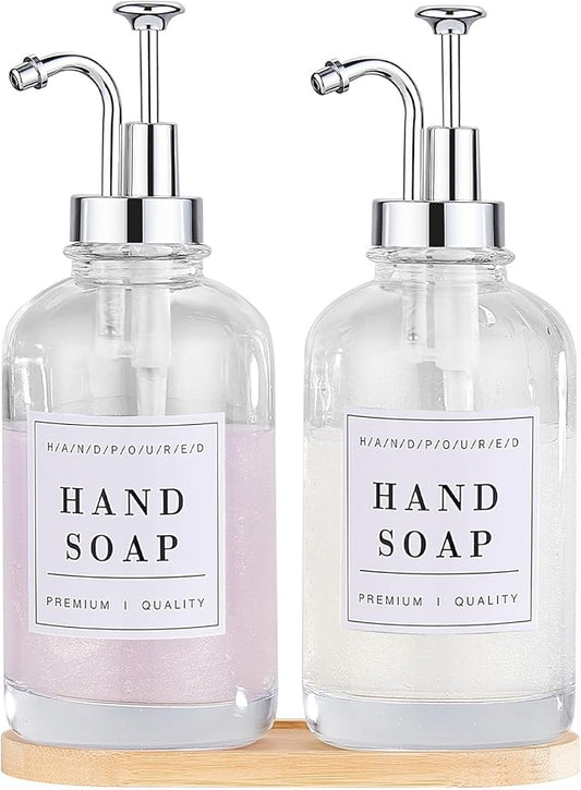 Glass Soap Dispenser with Pump,Tray,Funnel, Countertop Soap and Lotion Dispenser Set of 2 with 60 Stickers, Dish and Hand Soap Dispenser Bottle for Kitchen,Bathroom,Shower, 500ml/16.9oz
