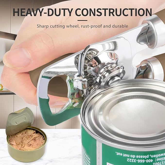 Safring Can Opener Manual, Heavy Duty Stainless Steel Smooth Edge Can Opener With Soft Touch Handle, Oversized Handheld Easy Turn Knob, Multi-Function Bottle Opener, Coffee