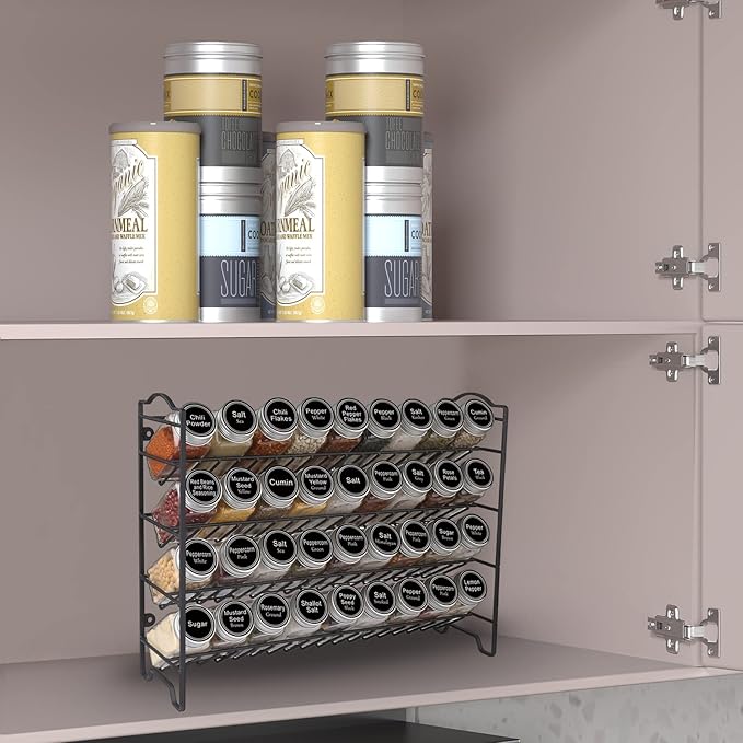 SWOMMOLY Spice Rack Organizer with 36 Empty Square Spice Jars, 396 Spice Labels with Chalk Marker and Funnel Complete Set, for Countertop, Cabinet or Wall Mount, Black - Image 2