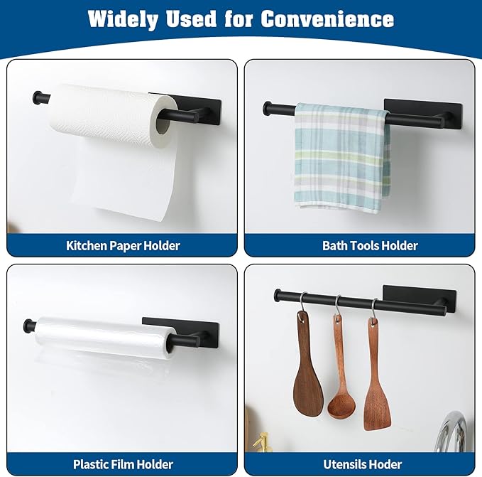 theaoo Paper Towel Holder - Under Cabinet Paper Towel Holder for Kitchen, Adhesive Paper Towel Roll Rack for Bathroom Towel, Wall Mounted Matte Black Paper Towel Rack, SUS304 Stainless Steel(1, Black) - Image 5