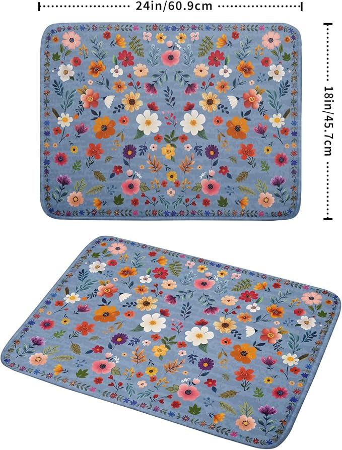 Colorful Flower Dish Drying Mat - Blue Large Floral Coffee Mat for Kitchen Counter Decor 18 X 24 - Image 2
