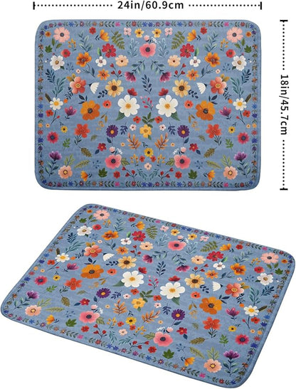 Colorful Flower Dish Drying Mat - Blue Large Floral Coffee Mat for Kitchen Counter Decor 18 X 24 - Image 2