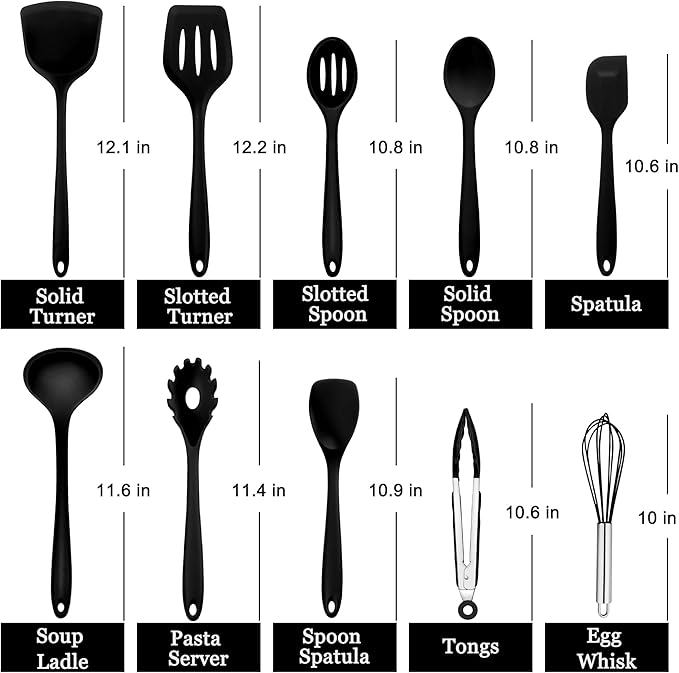 E-far 10 Pieces Silicone Cooking Utensils Set, Heat Resistant Kitchen Utensil Set for Nonstick Cookware, Kitchen Cooking Tools with Spatula, Spoon, Slotted Turner, Non-Toxic & Dishwasher Safe (Black) - Image 2