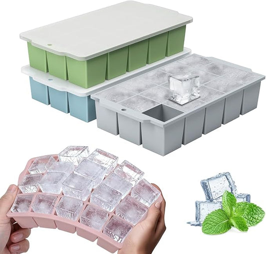 Silicone Ice Cube Tray with Locks Lids 4 Pack, Easy Release Flexible 15 Square Ice Trays for Freezer, Stackable & Reusable Ice Cube Mold for Whiskey, Cocktails, Baby Food, BPA Free