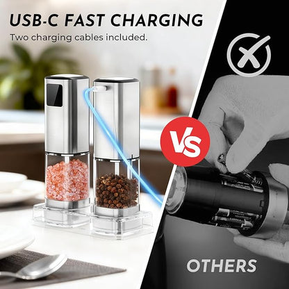 Upgraded Larger Capacity Electric Salt and Pepper Grinder Set Rechargeable with Digital Display, Light & Ceramic Core, Adjustable Coarseness, Stainless Steel Material Sliver 2 Pack - Image 3