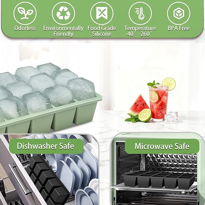 Ice Cube Trays for Freezer, 2 Pack Easy Release Slicone Ice Cube Tray with Lid, BPA Free Stackable Flexible Ice Molds 15 Square Reusable Ice Cubes for Whiskey, Baby Food, Iced Coffee (Green) - Image 5