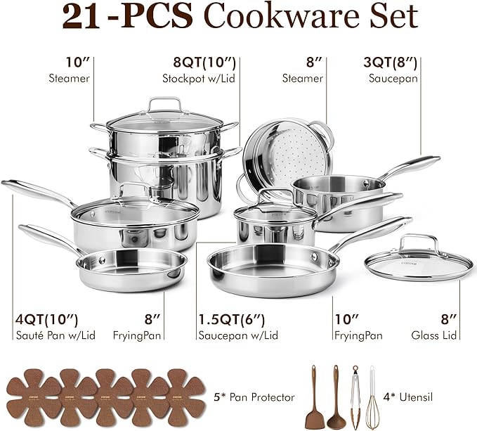 CAROTE 21pcs Tri-Ply Stainless Steel Cookware Set, Pots and Pans Set, Non Toxic Induction Kitchen Cooking Sets, Cookware Collection, Mirror Polish, Silver - Image 2