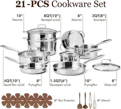 CAROTE 21pcs Tri-Ply Stainless Steel Cookware Set, Pots and Pans Set, Non Toxic Induction Kitchen Cooking Sets, Cookware Collection, Mirror Polish, Silver - Image 2