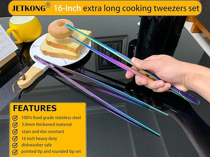 JETKONG 2 Pcs 16-Inch Stainless Steel Fine Tongs Extra Long Chopstick Tongs Long Kitchen Forceps for Cooking (Rainbow) - Image 3