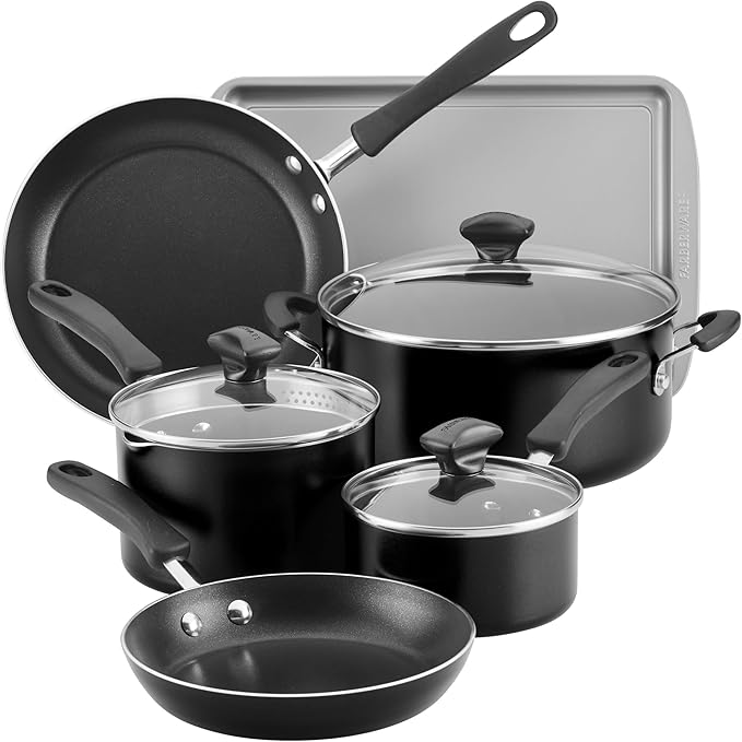 Farberware Cookstart DiamondMax Nonstick Cookware/Pots and Pans Set with Glass Lids, Dishwasher Safe, Includes Baking Pan and Kitchen Cooking Tools, 15 Piece - Black by Farberware