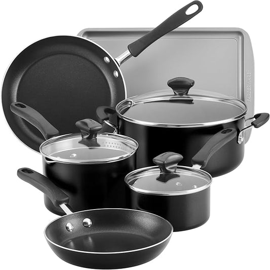 Farberware Cookstart DiamondMax Nonstick Cookware/Pots and Pans Set with Glass Lids, Dishwasher Safe, Includes Baking Pan and Kitchen Cooking Tools, 15 Piece - Black by Farberware