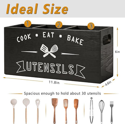 Large and Durable Wooden Kitchen Utensil Holder - Ideal for Kitchen Counter Decor and Party Use （black 3 Compartment）