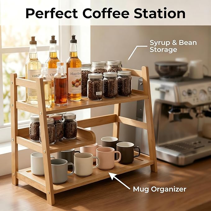 3 Tier Bamboo Matcha Station, coffee station organizer Shelf with Drawer for Kitchen Countertop, Tea Bar - Matcha Powder, Tools & Cup Organizer for Matcha Lovers, Home Baristas. - Image 2