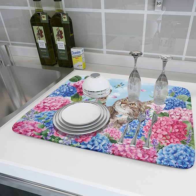 Cute Cat Dish Drying Mats for Kitchen Counter Hydrangea Floral Absorbent Drying Dishes Mat Large 18 X 24 - Image 6