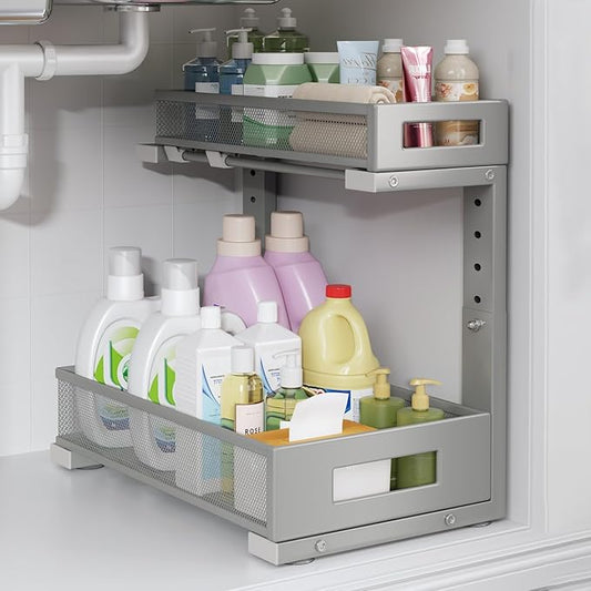 1 Pack-11.4"-16.14" H Under Sink Storage Organizer, Large 2-Tier Elegant Mesh Pull Out Shelf for Kitchen & Bathroom Cabinet Organization, L-Shaped, Adjustable Height-Gun Gray by UnderSinkOrganizer