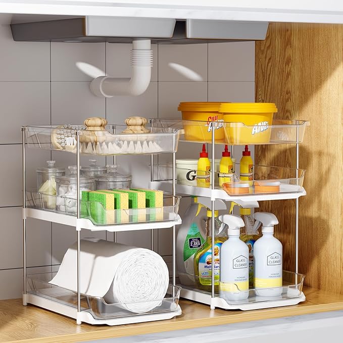 Delamu 2 Sets of 3-Tier Bathroom Under Sink Organizers and Storage, Multi-Purpose Stackable Pantry Organization and Storage, Pull Out Clear Kitchen Bathroom Cabinet Organizer with Movable Dividers | Storage, Multi-Purpose, Stackable, Pantry Organizatio... - Image 8