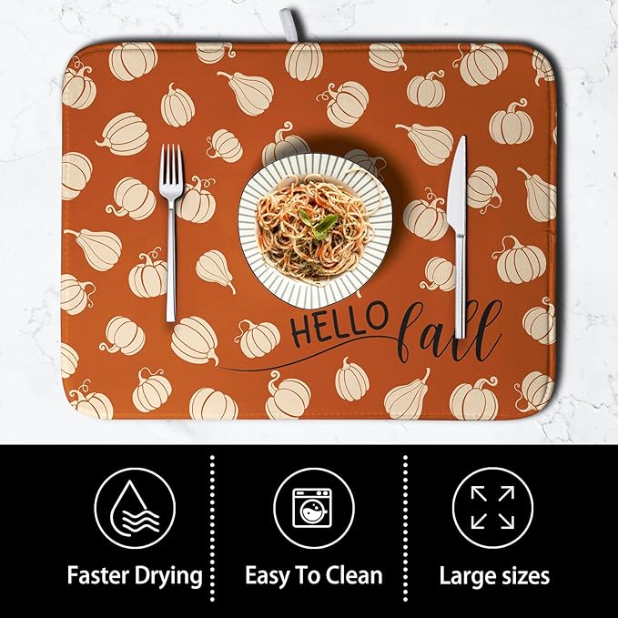 Hello Fall Drying Mat for Kitchen Counter Autumn Orange Pumpkin Dry Dish Mat Thanksgiving Absorbent Microfiber Dish Draining Washable Dish Drainer Rack Mat 16x18 Inch - Image 4
