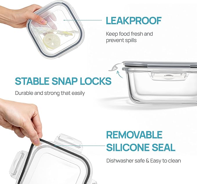 Vtopmart 5Pack 27oz Glass Storage Containers with Lids, Glass Meal Prep Food Container Sets, Sandwich Containers with Snap Airtight Lids for Microwave, Oven, Freezer and Dishwasher, Grey - Image 6