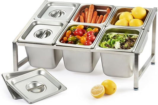 CURTA Expandable 18/8 Stainless Steel Spice Rack Set, NSF Certified, 2-Tier Inclined Organizer Shelf with 6 1/6 6" Pan&Lid, 13.8"-23.6" Adjustable, Countertop Holder for Seasoning Ingredients