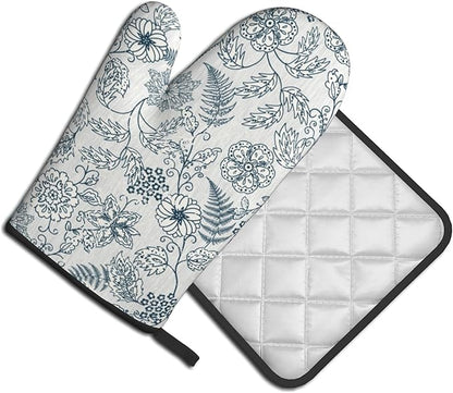 Blue Floral Oven Mitts Set – Vintage Pot Holders Kitchen Gloves for Women Teal Plant Kitchen Mitts Potholders Set of 2 for Cooking & Baking - Image 2