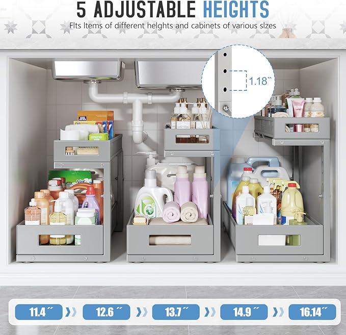 2 Pack 19IN Depth Under Sink Storage Organizer, Large 2-Tier Elegant Mesh Pull Out Shelf for Kitchen and Bathroom Cabinet Organization, L-Shaped and Adjustable Height Design-Gun Gray - Image 4