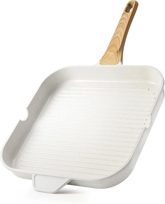 SENSARTE Nonstick Ceramic Grill Pan for Stove Tops, Square Grilling Pan with Pour Spouts, Non Toxic Durable Grill Skillet for All Stoves(Gas,Electric,Induction) PTFE,PFAS,PFOA Free, 12Inch (White) by SENSARTE