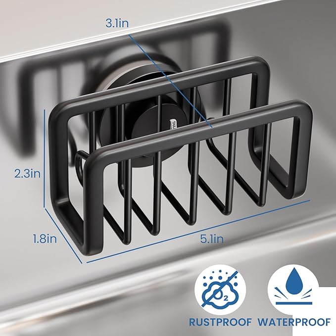 TAILI Sponge Holder for Kitchen Sink with Strong Suction Cup, Removable Sponge Holder, Rustproof Aluminum Sink Caddy for Sponges, Dish Brush - Black - Image 3