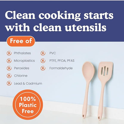 Non-Toxic Platinum Silicone Kitchen Utensil Set of 4 – Non-Scratch Cooking Spoon & Spatula, 100% Plastic Free, Stainless Steel Core, Heat Resistant 500°F, Beige - Image 4