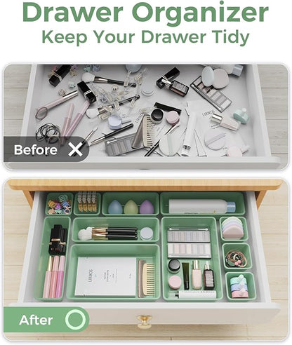 BiuLeon 25 PCS Plastic Drawer Organizers Set, 4-Sizes Vanity and Makeup Organizer, Desk and bathroom Drawer Organizer Trays, Organizers and Storage for Makeup, Jewelry, Gadgets, Utensils (Green) - Image 4