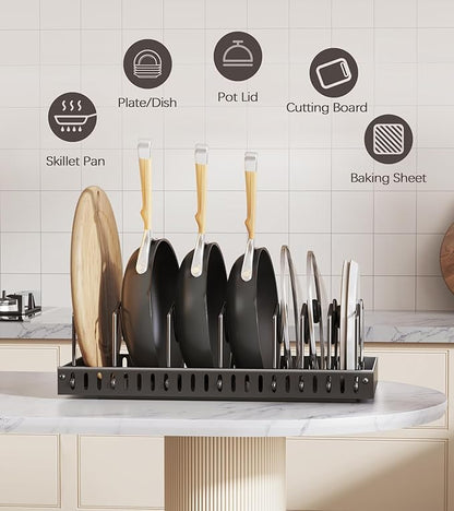 Lozovin Pull Out Pots and Pans Organizer Under Cabinet, Sliding Lid Holder and Pan Rack in Kitchen, Slide Out Inside Cabinet Storage for Pot Lid, Bakeware, Dishes, 8 Adjustable Dividers, 2 Pack Black - Image 7