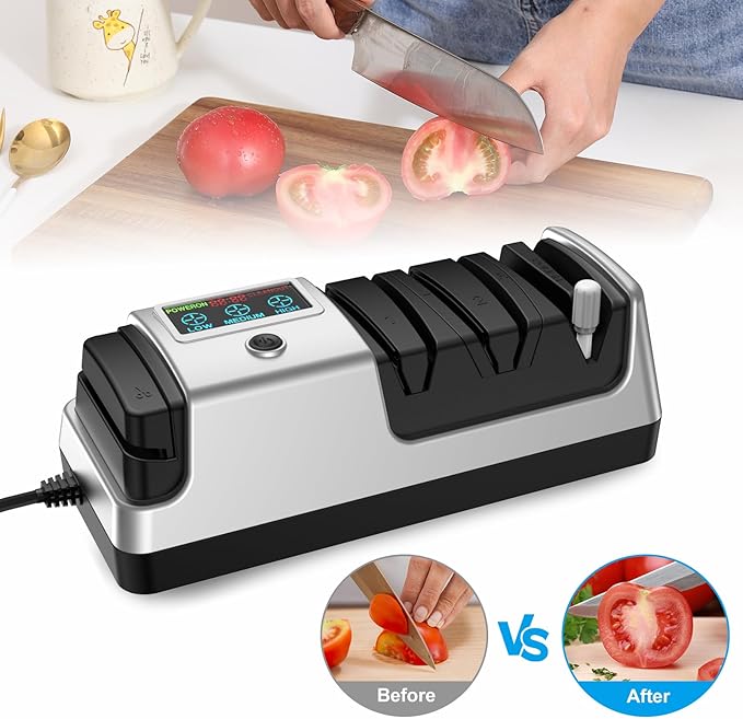 Upgrade 5-in-1 Electric Knife Sharpener, Professional 3-Stage with LCD Screen, 100% Diamond Abrasives, 3 Rotational Speed Adjustable, knife sharpener for Straight, Serrated, Meat Cleaver, Scissors - Image 8