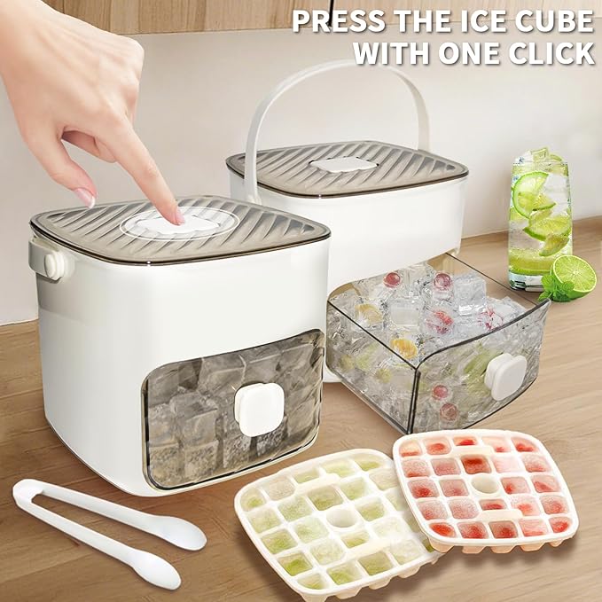 Ice Cube Tray for freezer with 2 Trays and Ice Storage Bin Tweezers, 48 Grid Ice Making Mold Ice Maker with Easy to Press Lid, for Whiskey Cocktails Beer Coffee (White)