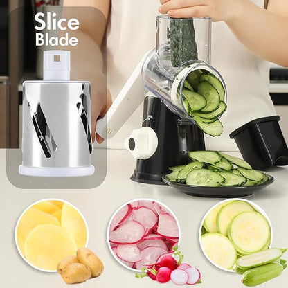 Cheese Grater Hand Crank, Rotary Vegetable Shredder with Handle and Strong Suction base, 3 in 1 Kitchen Speed Spin Veggie Slicer Nut Grinder for Pizza Top, Hash brown, Salad and More (Black) - Image 4