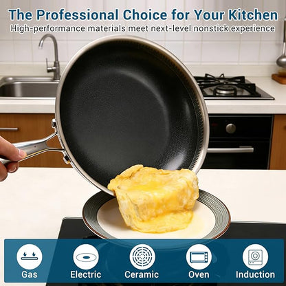 12 Inch Tri-Ply Stainless Steel Hybrid Frying Pan with Lid - Ceramic Nonstick Skillet, Induction & Oven Safe 600°F, PFAS/PFOA Free Professional Clad Cookware
