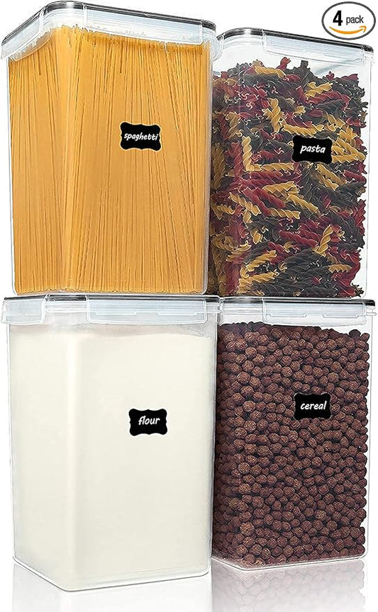 Vtopmart Extra Large Tall Airtight Food Storage Containers, 4 Pieces 5.9qt/6.5L Plastic PBA Free Kitchen Pantry Canister for Spaghetti, Flour and Baking Supplies, with 24 Labels, Black by Vtopmart