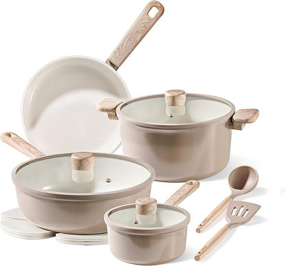 CAROTE 12Pcs Ceramic Pots and Pans Set Non Stick, Healthy Cookware Set, PFAS/PFOA Free, Kitchen Cooking Set with Frying Pans, Taupe by CAROTE