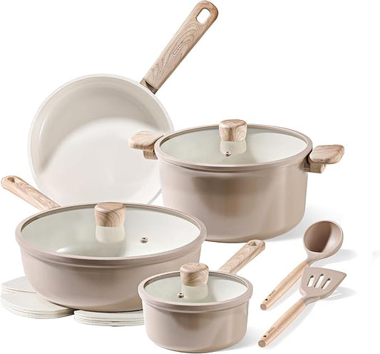 CAROTE 12Pcs Ceramic Pots and Pans Set Non Stick, Healthy Cookware Set, PFAS/PFOA Free, Kitchen Cooking Set with Frying Pans, Taupe by CAROTE