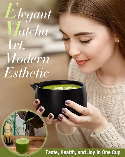 20OZ Matcha Whisk Set - 5PCS Matcha Set Includes Macha Bowl with Spout, Bamboo Whisk with Ceramic Holder, Bamboo Scoop and Sifter, Matcha Kit for Ceremony, Gift for Matcha Lovers (Matte Black)