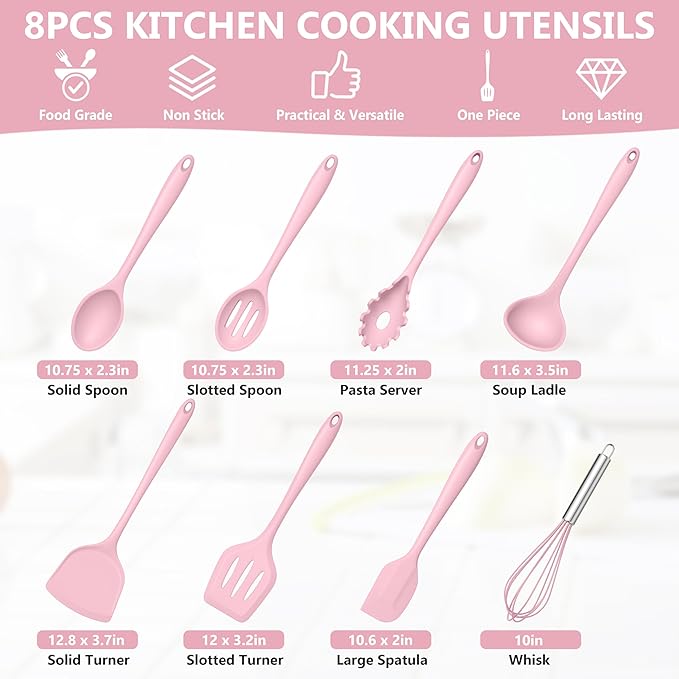TeamFar 8 PCS Silicone Cooking Utensils - 446°F Heat Resistant Kitchen Silicon Utensils Set, Turner, Spatula, Spoon, Whisk, Kitchen Cooking Gadgets Tools for Nonstick Cookware, Dishwasher Safe-Pink - Image 2
